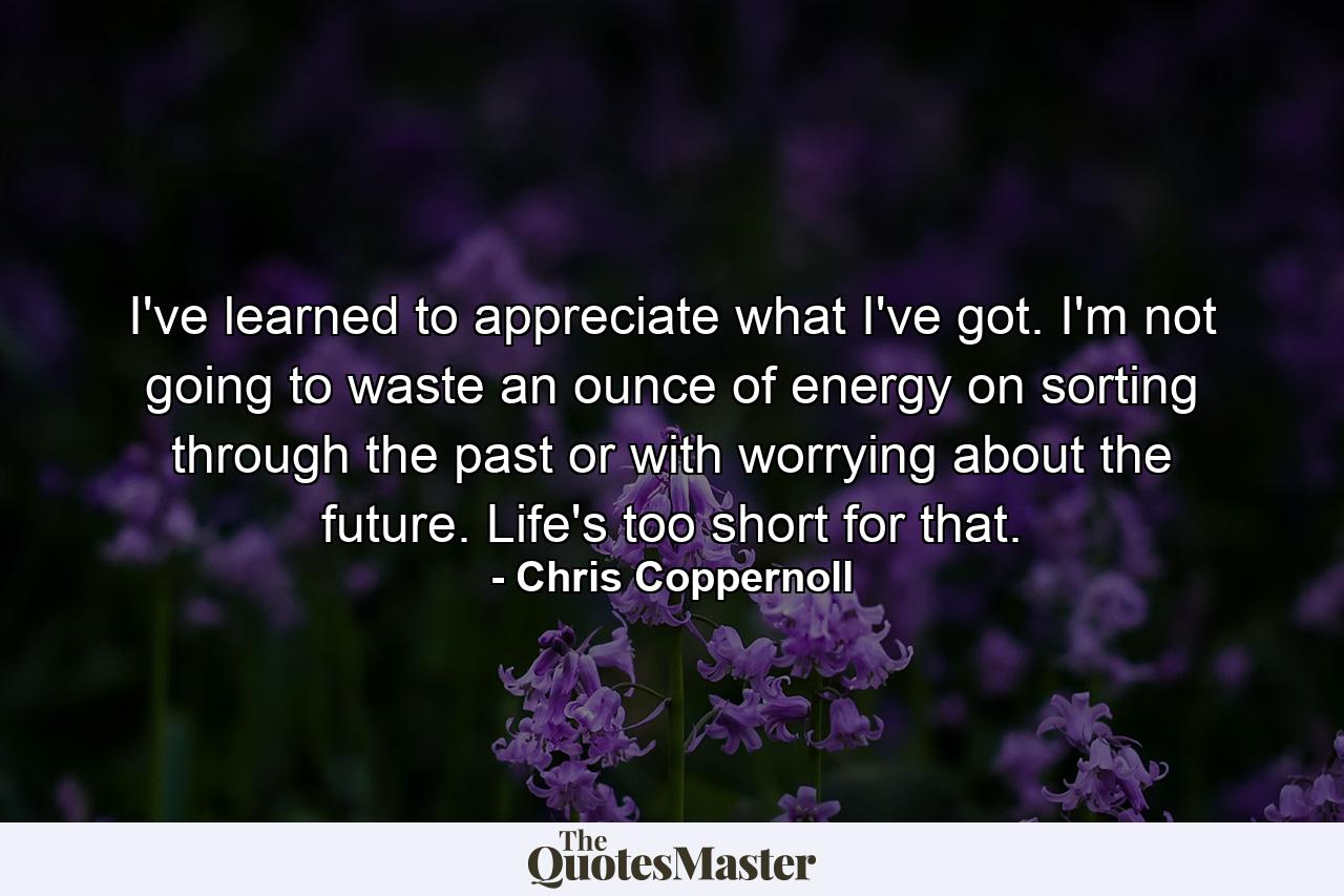 I've learned to appreciate what I've got. I'm not going to waste an ounce of energy on sorting through the past or with worrying about the future. Life's too short for that. - Quote by Chris Coppernoll