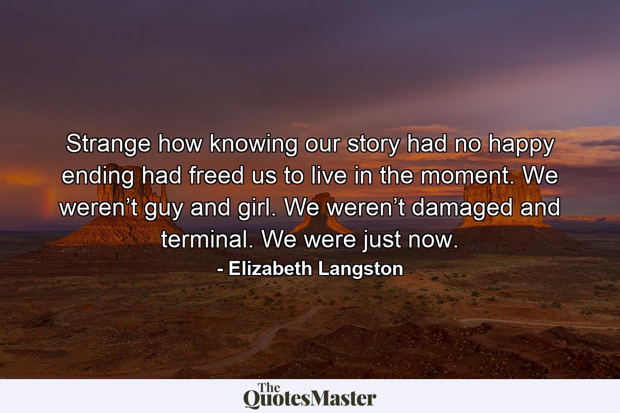 Strange how knowing our story had no happy ending had freed us to live in the moment. We weren’t guy and girl. We weren’t damaged and terminal. We were just now. - Quote by Elizabeth Langston