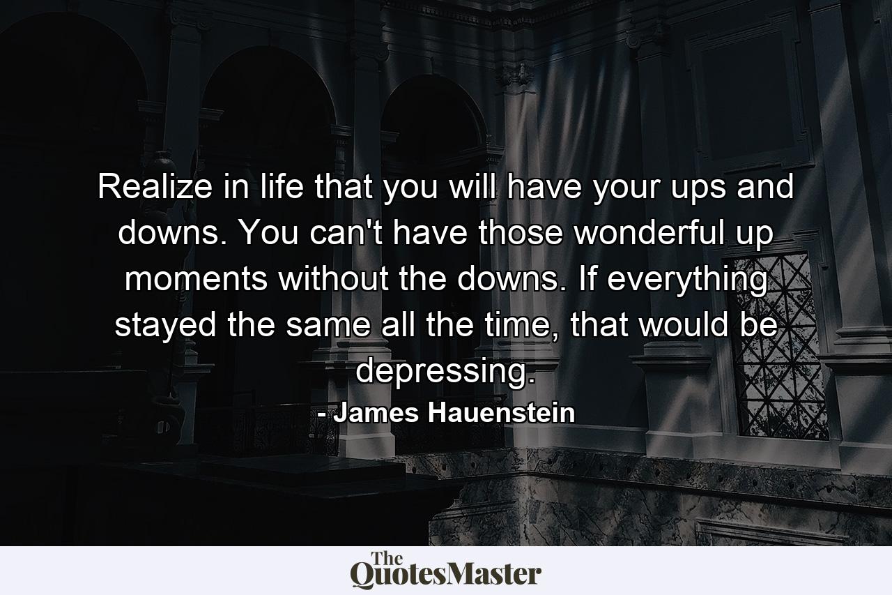 Realize in life that you will have your ups and downs. You can't have those wonderful up moments without the downs. If everything stayed the same all the time, that would be depressing. - Quote by James Hauenstein