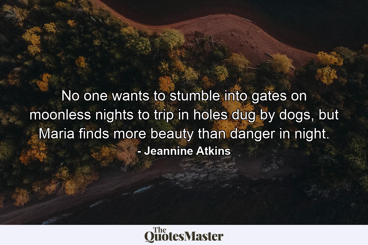 No one wants to stumble into gates on moonless nights to trip in holes dug by dogs, but Maria finds more beauty than danger in night. - Quote by Jeannine Atkins