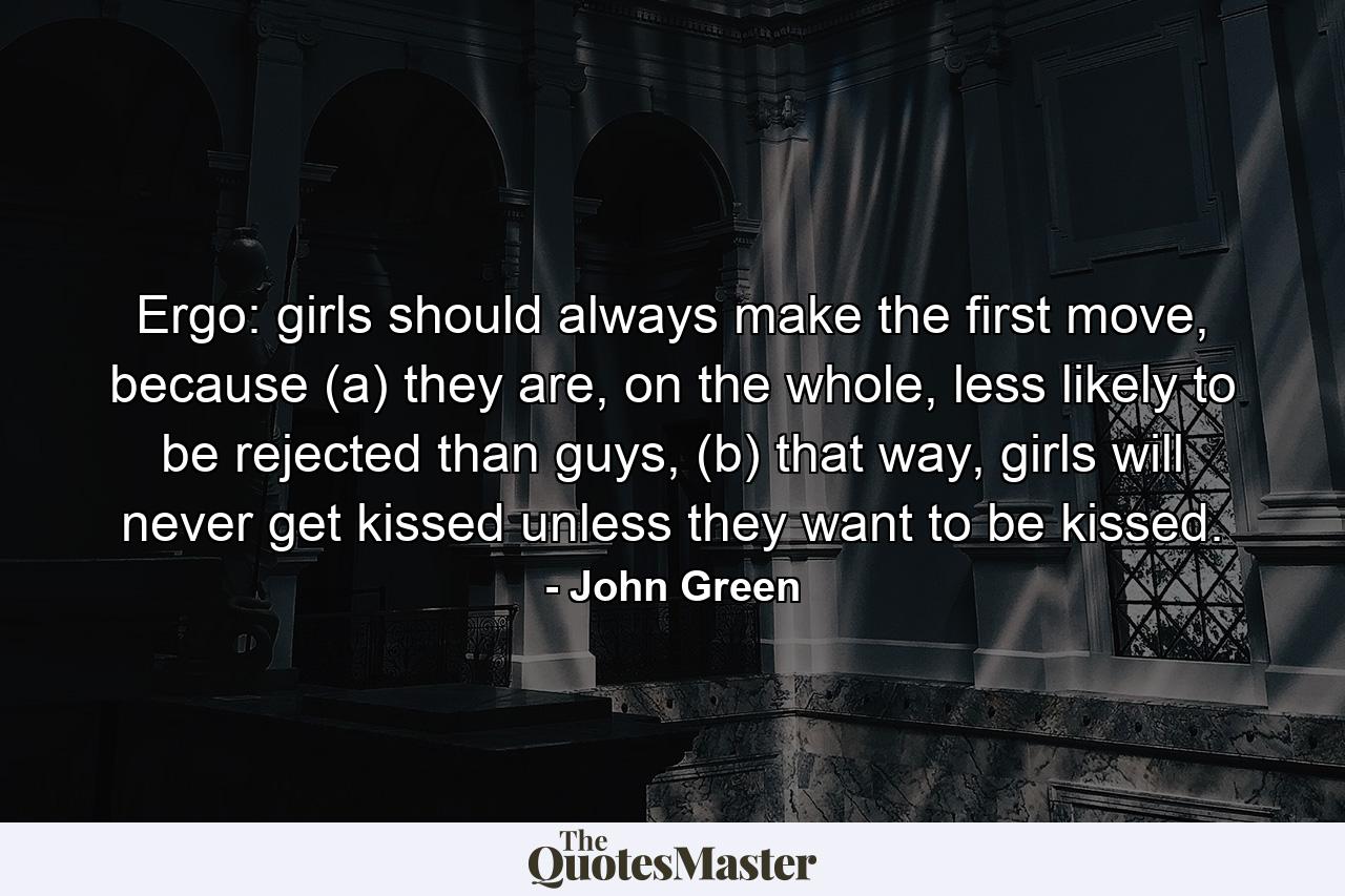 Ergo: girls should always make the first move, because (a) they are, on the whole, less likely to be rejected than guys, (b) that way, girls will never get kissed unless they want to be kissed. - Quote by John Green