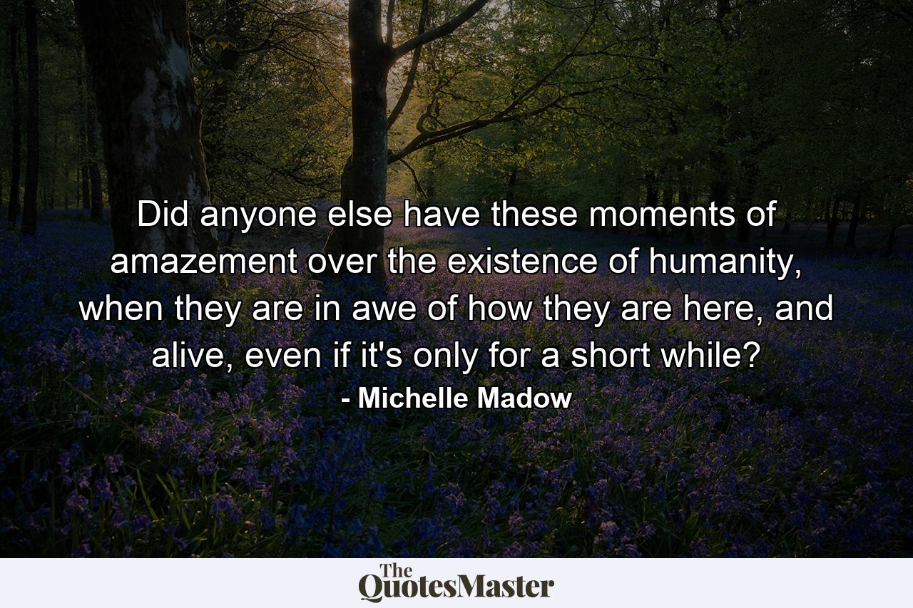 Did anyone else have these moments of amazement over the existence of humanity, when they are in awe of how they are here, and alive, even if it's only for a short while? - Quote by Michelle Madow