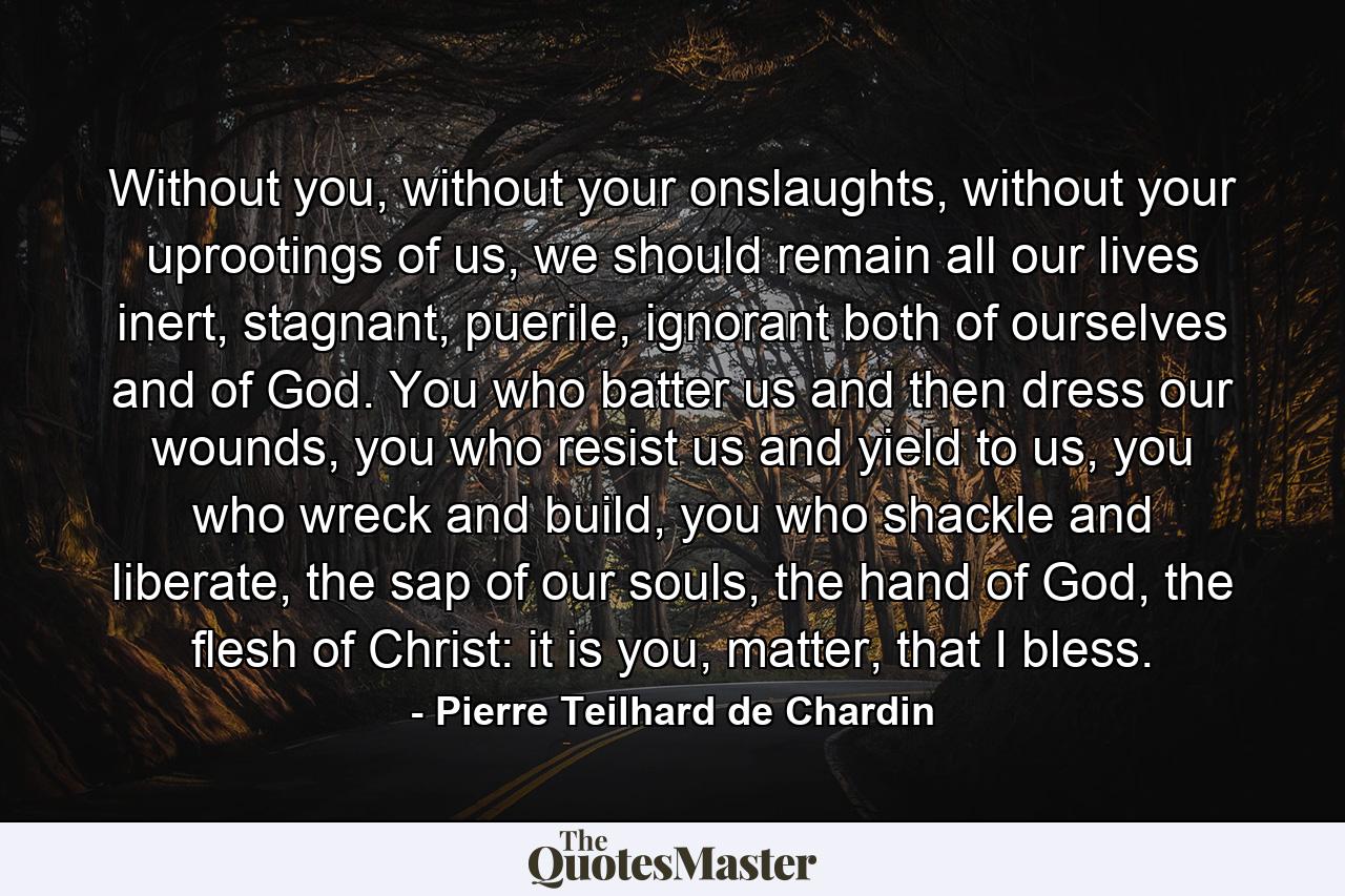 Without you, without your onslaughts, without your uprootings of us, we should remain all our lives inert, stagnant, puerile, ignorant both of ourselves and of God. You who batter us and then dress our wounds, you who resist us and yield to us, you who wreck and build, you who shackle and liberate, the sap of our souls, the hand of God, the flesh of Christ: it is you, matter, that I bless. - Quote by Pierre Teilhard de Chardin