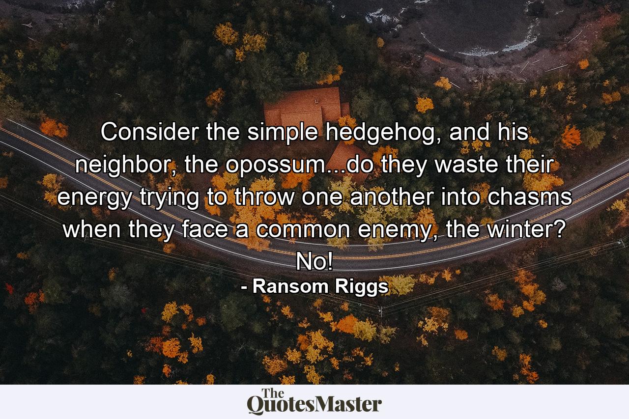 Consider the simple hedgehog, and his neighbor, the opossum...do they waste their energy trying to throw one another into chasms when they face a common enemy, the winter? No! - Quote by Ransom Riggs