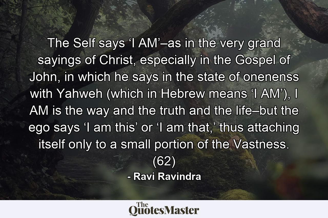 The Self says ‘I AM’–as in the very grand sayings of Christ, especially in the Gospel of John, in which he says in the state of onenenss with Yahweh (which in Hebrew means ‘I AM’), I AM is the way and the truth and the life–but the ego says ‘I am this’ or ‘I am that,’ thus attaching itself only to a small portion of the Vastness. (62) - Quote by Ravi Ravindra