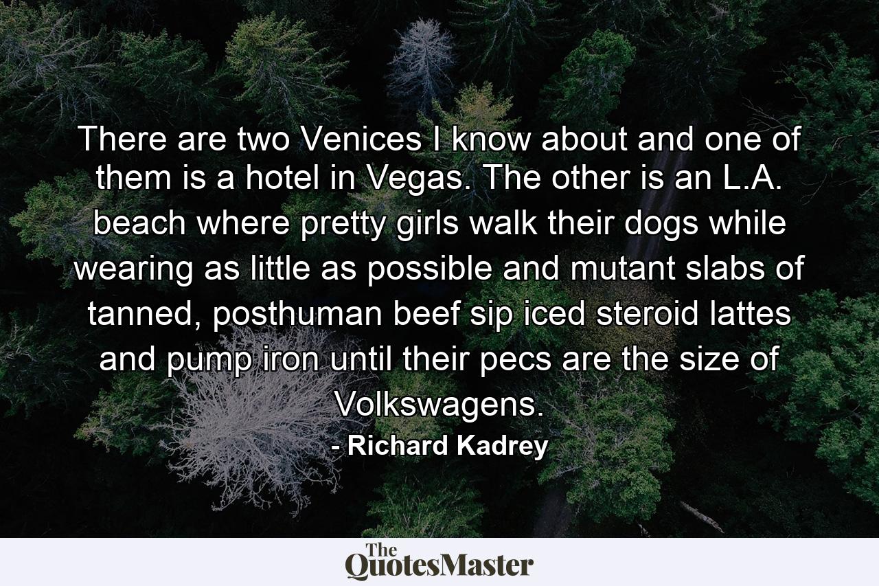 There are two Venices I know about and one of them is a hotel in Vegas. The other is an L.A. beach where pretty girls walk their dogs while wearing as little as possible and mutant slabs of tanned, posthuman beef sip iced steroid lattes and pump iron until their pecs are the size of Volkswagens. - Quote by Richard Kadrey