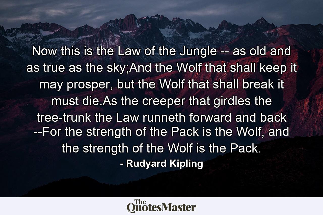 Now this is the Law of the Jungle -- as old and as true as the sky;And the Wolf that shall keep it may prosper, but the Wolf that shall break it must die.As the creeper that girdles the tree-trunk the Law runneth forward and back --For the strength of the Pack is the Wolf, and the strength of the Wolf is the Pack. - Quote by Rudyard Kipling