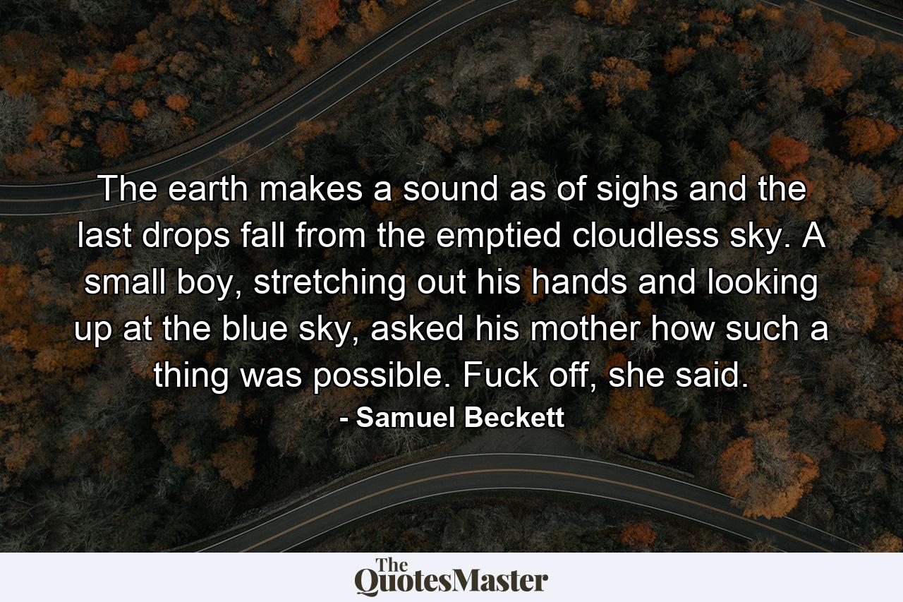 The earth makes a sound as of sighs and the last drops fall from the emptied cloudless sky. A small boy, stretching out his hands and looking up at the blue sky, asked his mother how such a thing was possible. Fuck off, she said. - Quote by Samuel Beckett