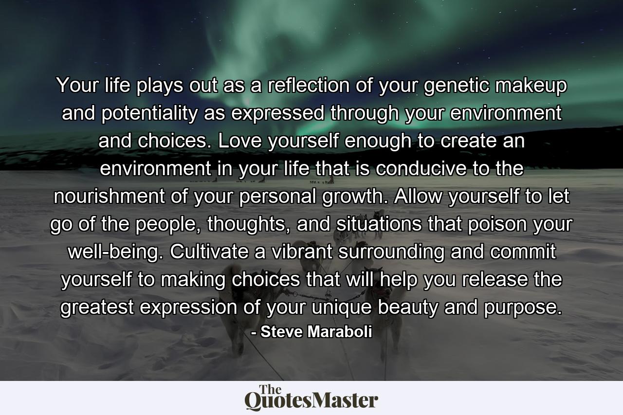 Your life plays out as a reflection of your genetic makeup and potentiality as expressed through your environment and choices. Love yourself enough to create an environment in your life that is conducive to the nourishment of your personal growth. Allow yourself to let go of the people, thoughts, and situations that poison your well-being. Cultivate a vibrant surrounding and commit yourself to making choices that will help you release the greatest expression of your unique beauty and purpose. - Quote by Steve Maraboli