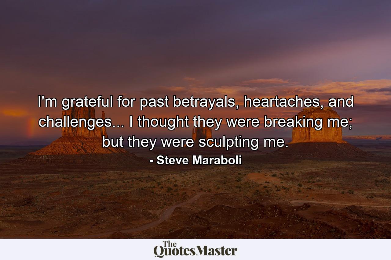 I'm grateful for past betrayals, heartaches, and challenges... I thought they were breaking me; but they were sculpting me. - Quote by Steve Maraboli