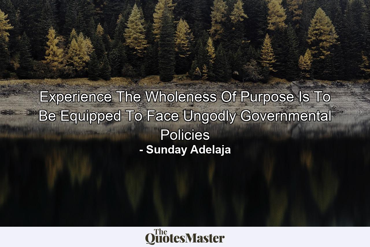 Experience The Wholeness Of Purpose Is To Be Equipped To Face Ungodly Governmental Policies - Quote by Sunday Adelaja