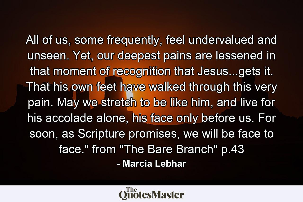 All of us, some frequently, feel undervalued and unseen. Yet, our deepest pains are lessened in that moment of recognition that Jesus...gets it. That his own feet have walked through this very pain. May we stretch to be like him, and live for his accolade alone, his face only before us. For soon, as Scripture promises, we will be face to face.