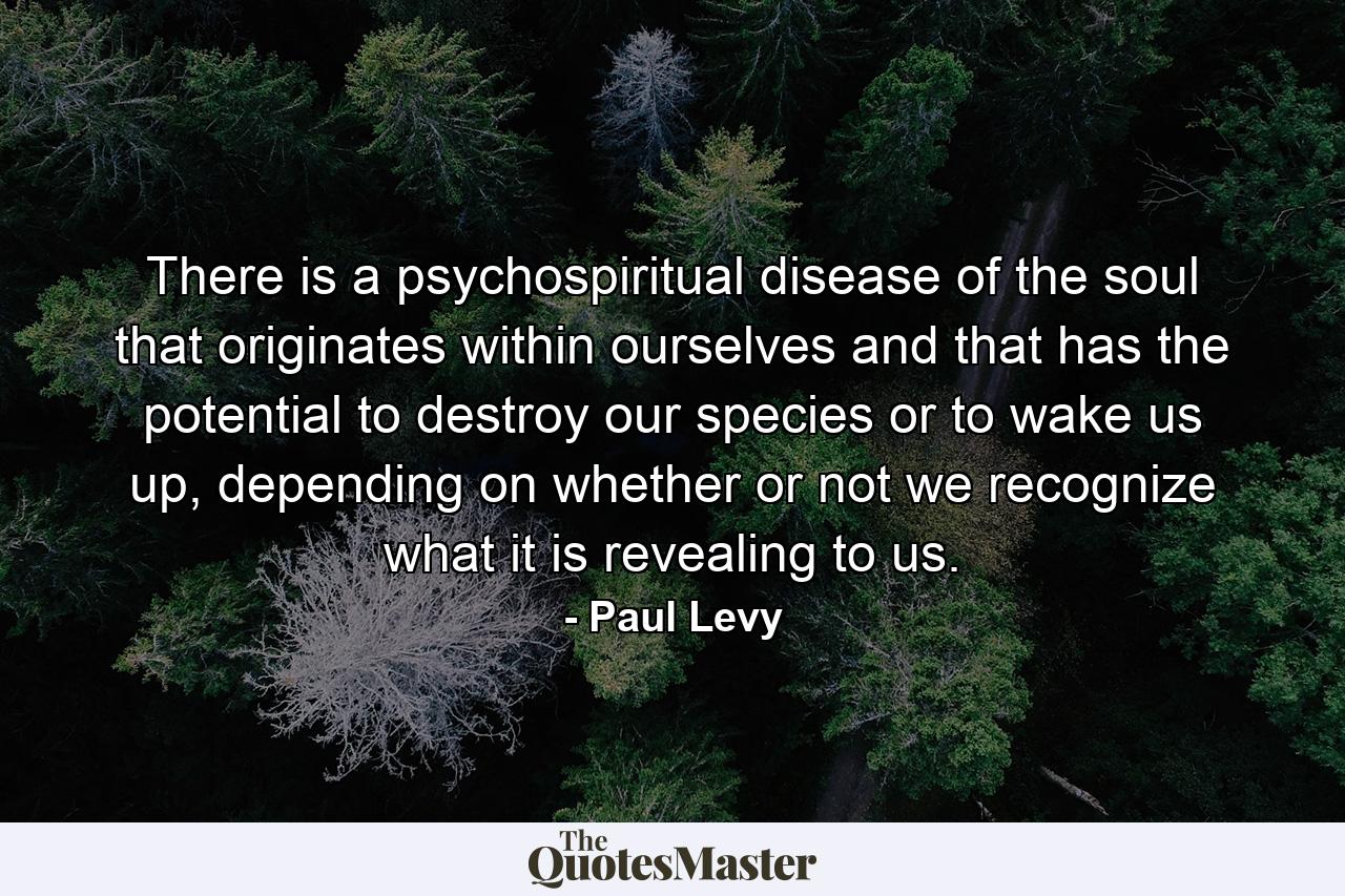 There is a psychospiritual disease of the soul that originates within ourselves and that has the potential to destroy our species or to wake us up, depending on whether or not we recognize what it is revealing to us. - Quote by Paul Levy