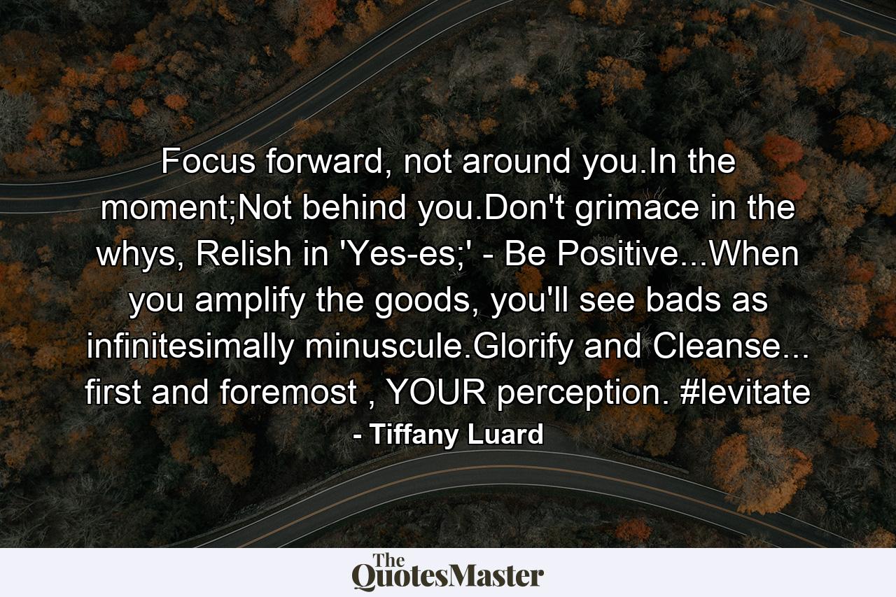 Focus forward, not around you.In the moment;Not behind you.Don't grimace in the whys, Relish in 'Yes-es;' - Be Positive...When you amplify the goods, you'll see bads as infinitesimally minuscule.Glorify and Cleanse... first and foremost , YOUR perception. #levitate - Quote by Tiffany Luard