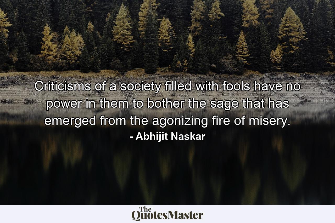 Criticisms of a society filled with fools have no power in them to bother the sage that has emerged from the agonizing fire of misery. - Quote by Abhijit Naskar