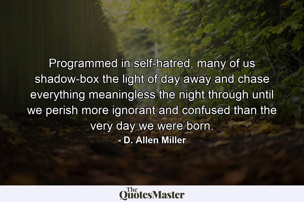 Programmed in self-hatred, many of us shadow-box the light of day away and chase everything meaningless the night through until we perish more ignorant and confused than the very day we were born. - Quote by D. Allen Miller