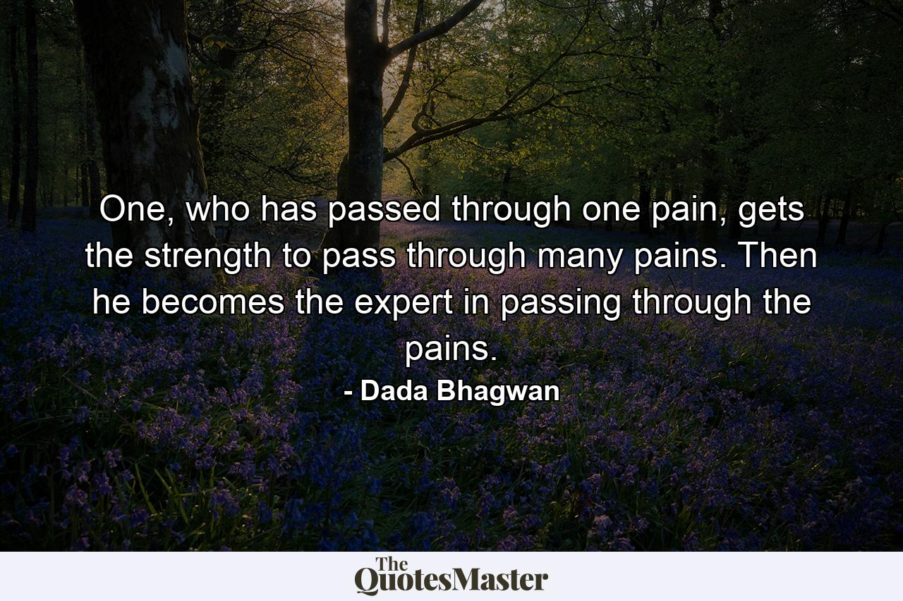 One, who has passed through one pain, gets the strength to pass through many pains. Then he becomes the expert in passing through the pains. - Quote by Dada Bhagwan