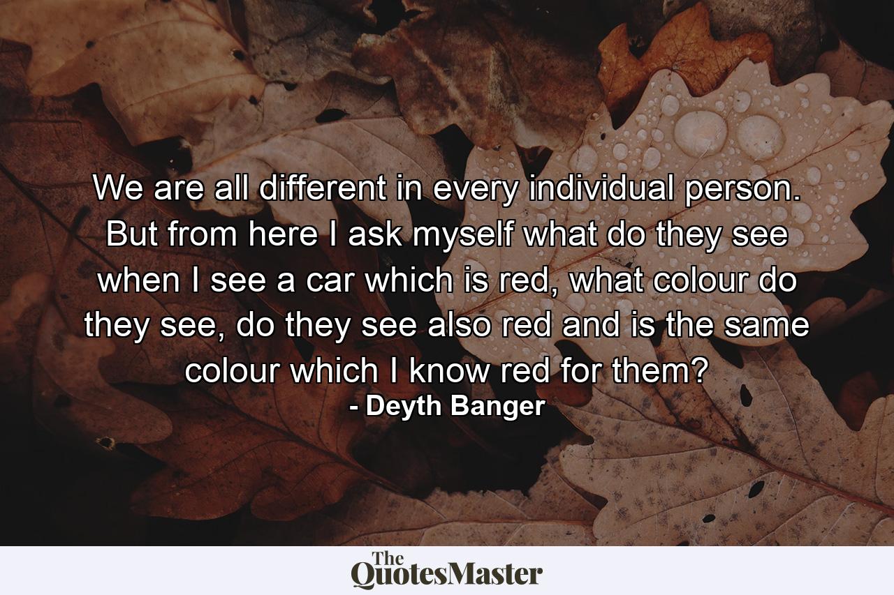 We are all different in every individual person. But from here I ask myself what do they see when I see a car which is red, what colour do they see, do they see also red and is the same colour which I know red for them? - Quote by Deyth Banger