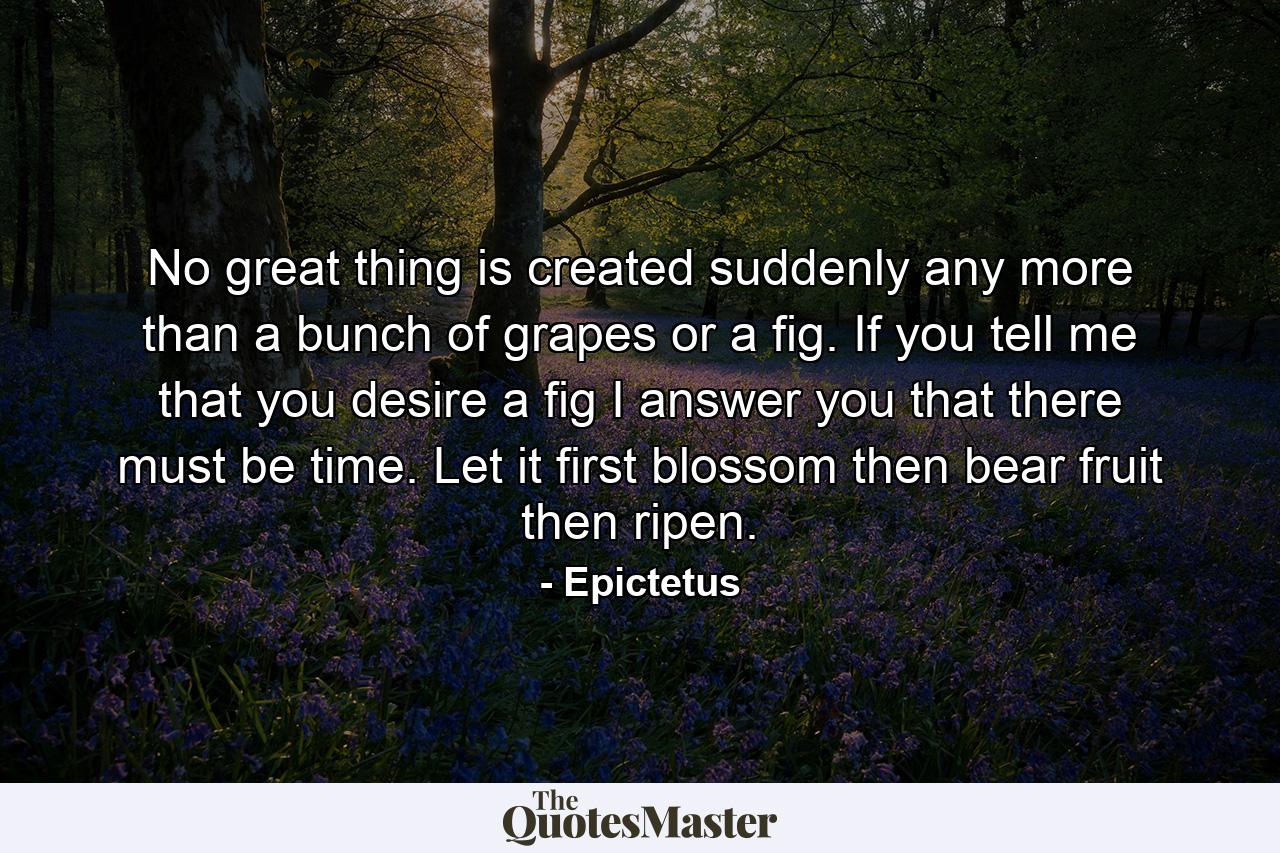 No great thing is created suddenly  any more than a bunch of grapes or a fig. If you tell me that you desire a fig  I answer you that there must be time. Let it first blossom  then bear fruit  then ripen. - Quote by Epictetus