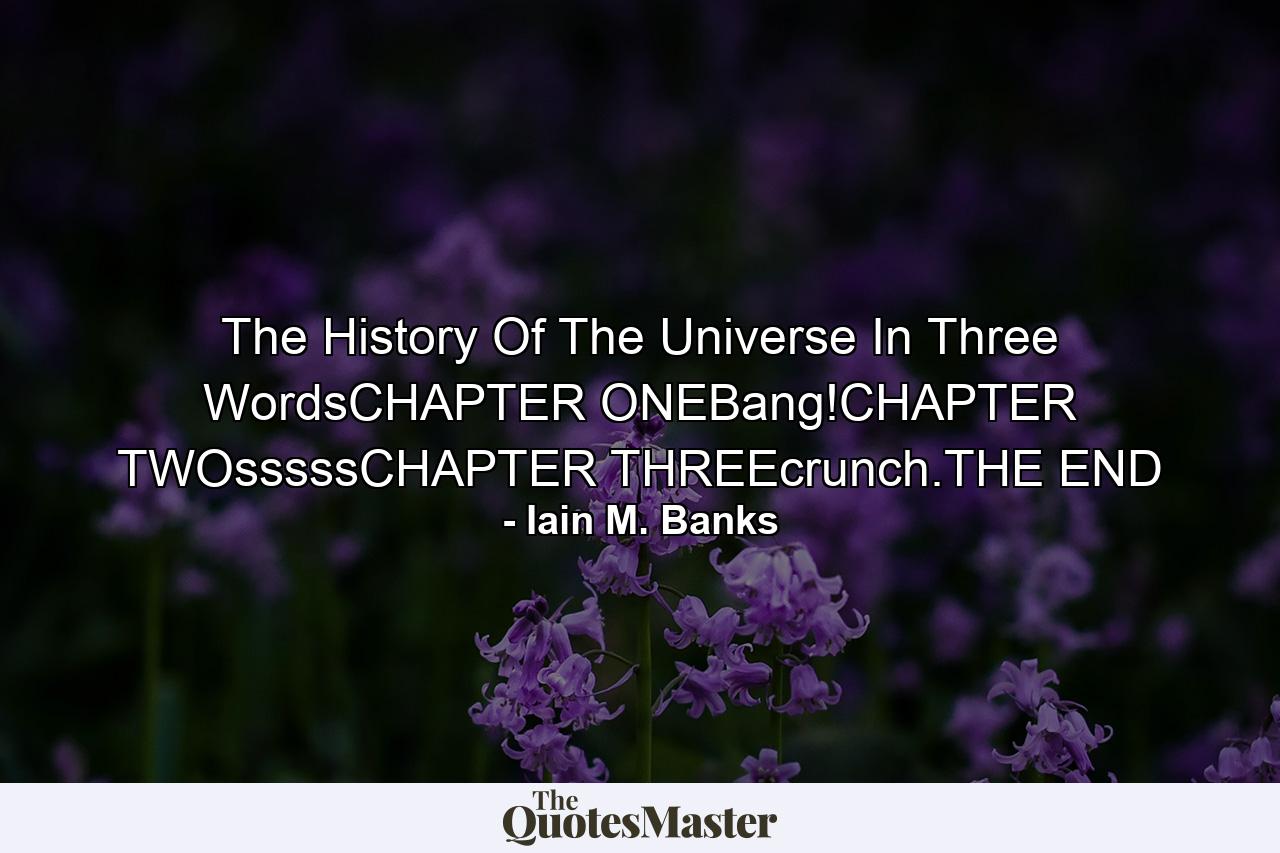 The History Of The Universe In Three WordsCHAPTER ONEBang!CHAPTER TWOsssssCHAPTER THREEcrunch.THE END - Quote by Iain M. Banks