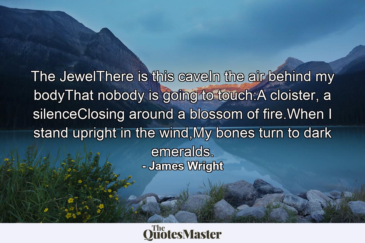 The JewelThere is this caveIn the air behind my bodyThat nobody is going to touch:A cloister, a silenceClosing around a blossom of fire.When I stand upright in the wind,My bones turn to dark emeralds. - Quote by James Wright