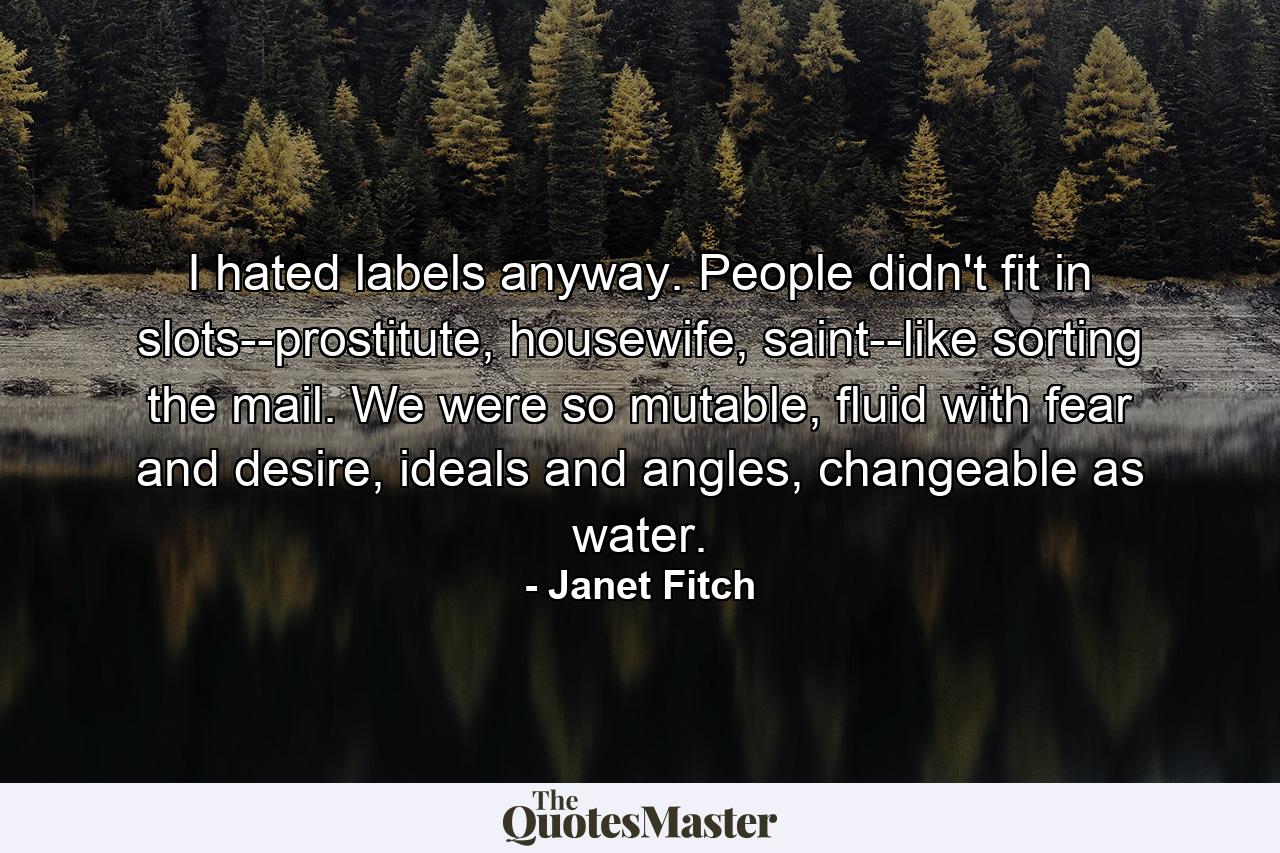 I hated labels anyway. People didn't fit in slots--prostitute, housewife, saint--like sorting the mail. We were so mutable, fluid with fear and desire, ideals and angles, changeable as water. - Quote by Janet Fitch