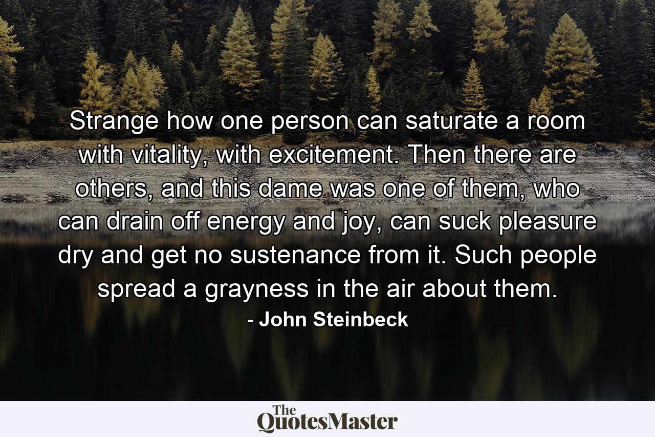 Strange how one person can saturate a room with vitality, with excitement. Then there are others, and this dame was one of them, who can drain off energy and joy, can suck pleasure dry and get no sustenance from it. Such people spread a grayness in the air about them. - Quote by John Steinbeck