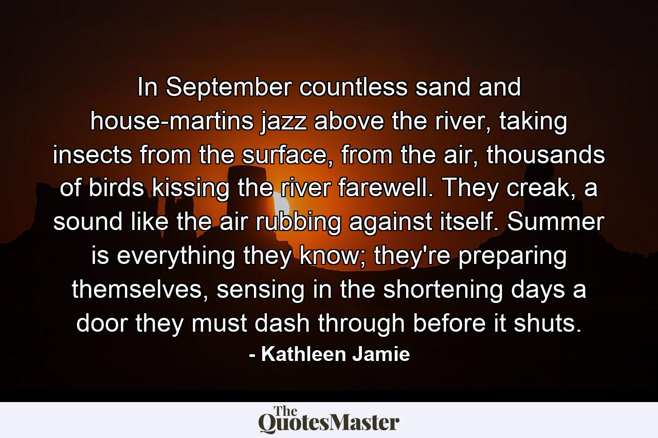 In September countless sand and house-martins jazz above the river, taking insects from the surface, from the air, thousands of birds kissing the river farewell. They creak, a sound like the air rubbing against itself. Summer is everything they know; they're preparing themselves, sensing in the shortening days a door they must dash through before it shuts. - Quote by Kathleen Jamie