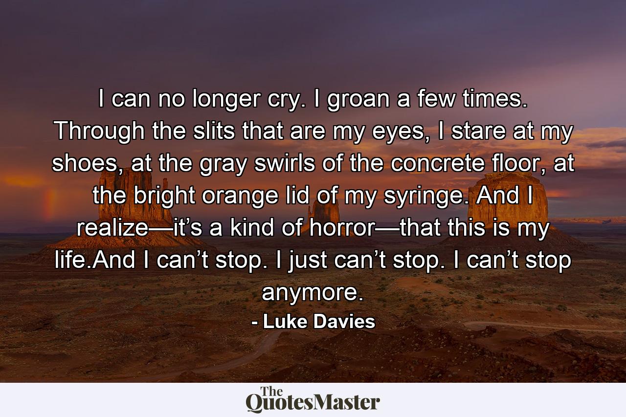 I can no longer cry. I groan a few times. Through the slits that are my eyes, I stare at my shoes, at the gray swirls of the concrete floor, at the bright orange lid of my syringe. And I realize—it’s a kind of horror—that this is my life.And I can’t stop. I just can’t stop. I can’t stop anymore. - Quote by Luke Davies