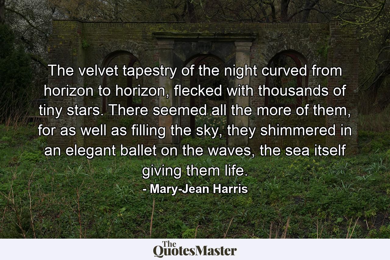 The velvet tapestry of the night curved from horizon to horizon, flecked with thousands of tiny stars. There seemed all the more of them, for as well as filling the sky, they shimmered in an elegant ballet on the waves, the sea itself giving them life. - Quote by Mary-Jean Harris