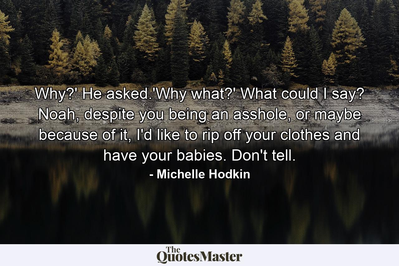 Why?' He asked.'Why what?' What could I say? Noah, despite you being an asshole, or maybe because of it, I'd like to rip off your clothes and have your babies. Don't tell. - Quote by Michelle Hodkin