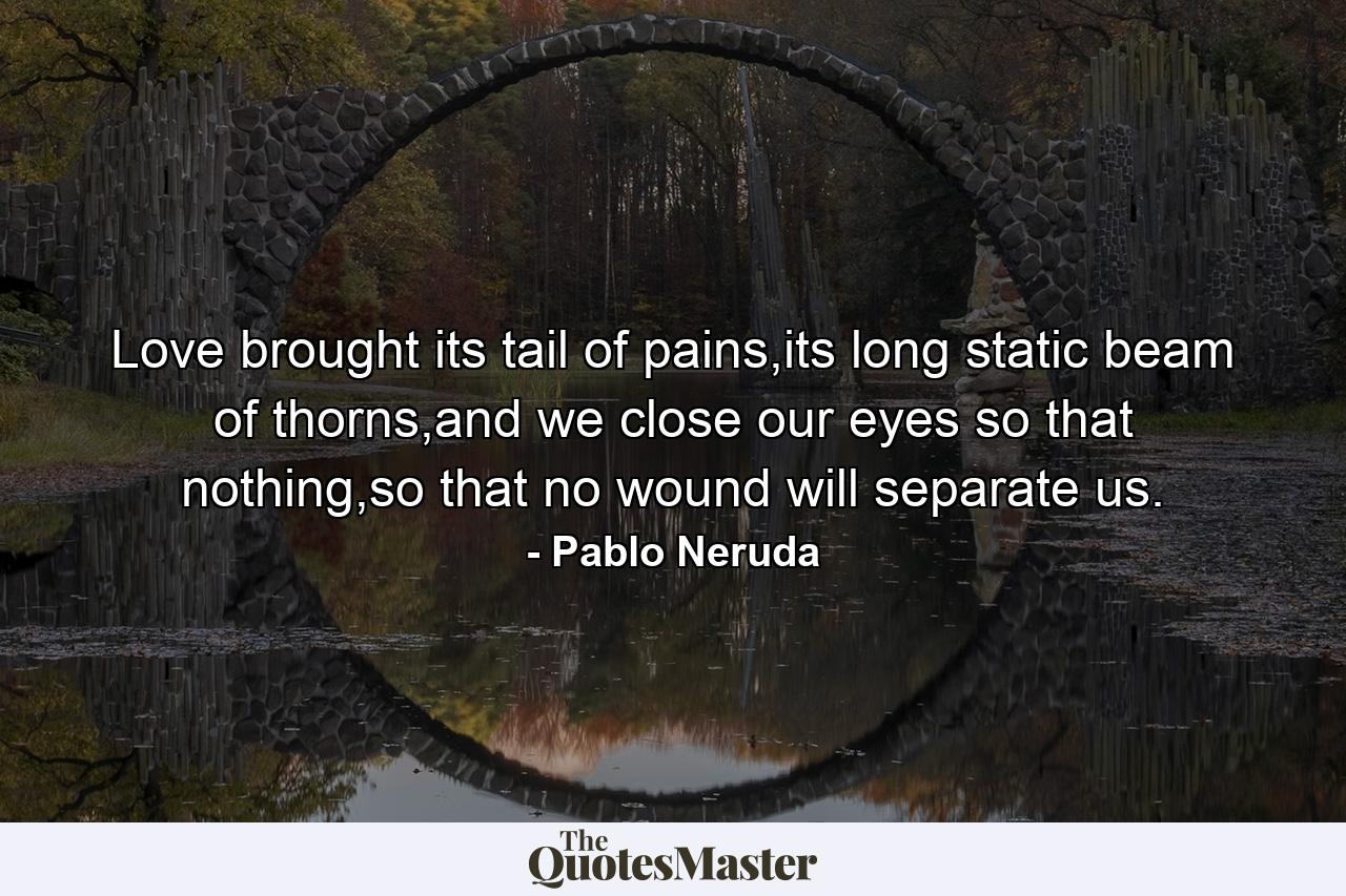 Love brought its tail of pains,its long static beam of thorns,and we close our eyes so that nothing,so that no wound will separate us. - Quote by Pablo Neruda