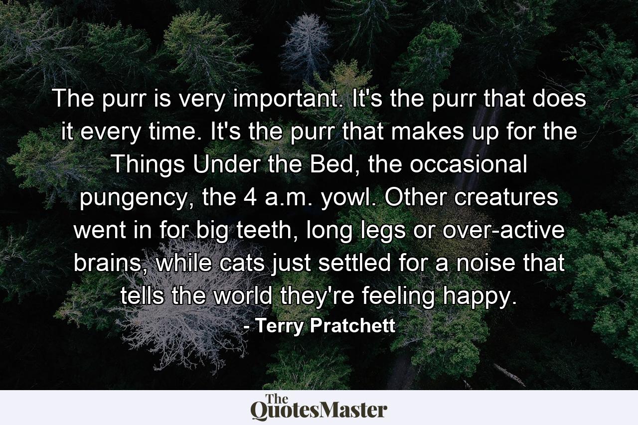 The purr is very important. It's the purr that does it every time. It's the purr that makes up for the Things Under the Bed, the occasional pungency, the 4 a.m. yowl. Other creatures went in for big teeth, long legs or over-active brains, while cats just settled for a noise that tells the world they're feeling happy. - Quote by Terry Pratchett