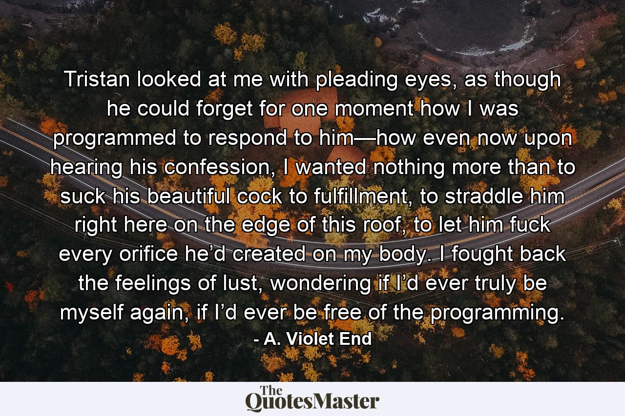 Tristan looked at me with pleading eyes, as though he could forget for one moment how I was programmed to respond to him—how even now upon hearing his confession, I wanted nothing more than to suck his beautiful cock to fulfillment, to straddle him right here on the edge of this roof, to let him fuck every orifice he’d created on my body. I fought back the feelings of lust, wondering if I’d ever truly be myself again, if I’d ever be free of the programming. - Quote by A. Violet End