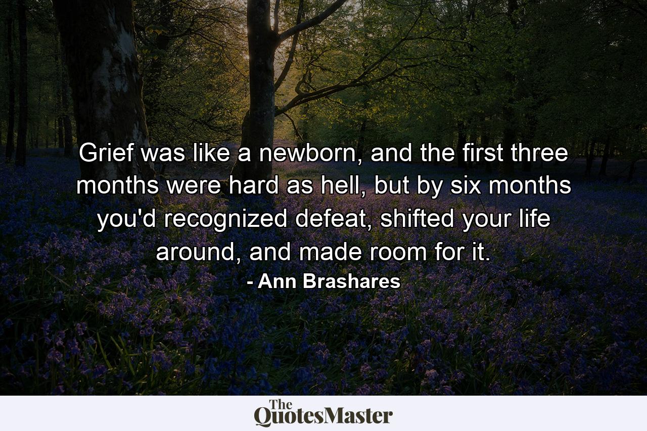 Grief was like a newborn, and the first three months were hard as hell, but by six months you'd recognized defeat, shifted your life around, and made room for it. - Quote by Ann Brashares