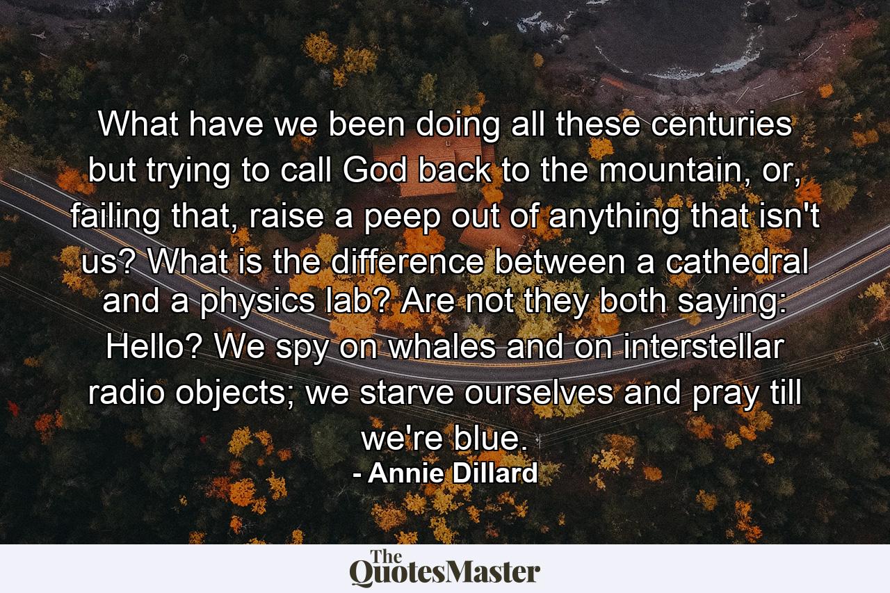 What have we been doing all these centuries but trying to call God back to the mountain, or, failing that, raise a peep out of anything that isn't us? What is the difference between a cathedral and a physics lab? Are not they both saying: Hello? We spy on whales and on interstellar radio objects; we starve ourselves and pray till we're blue. - Quote by Annie Dillard