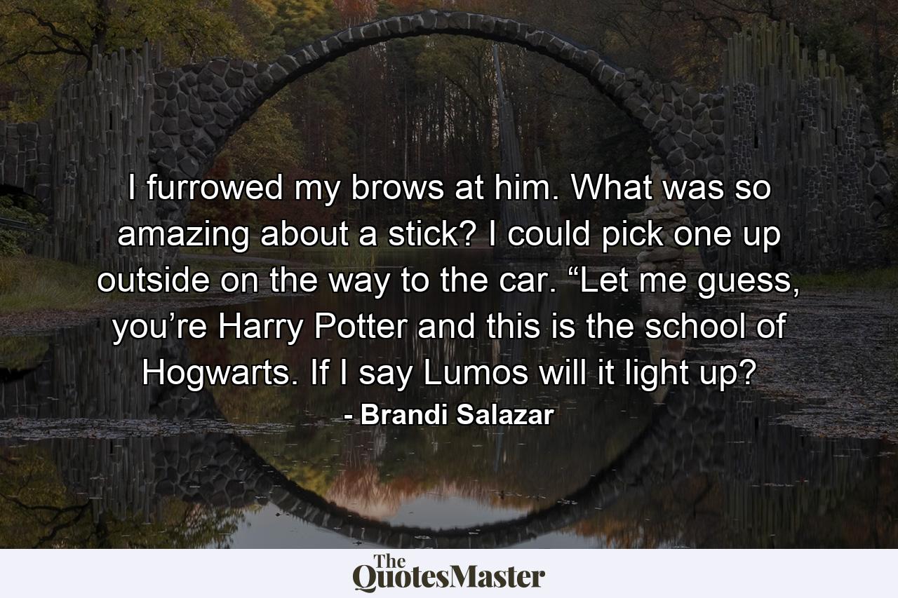 I furrowed my brows at him. What was so amazing about a stick? I could pick one up outside on the way to the car. “Let me guess, you’re Harry Potter and this is the school of Hogwarts. If I say Lumos will it light up? - Quote by Brandi Salazar