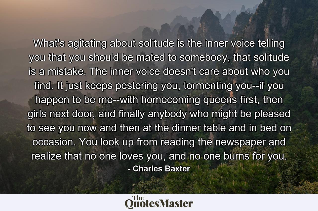 What's agitating about solitude is the inner voice telling you that you should be mated to somebody, that solitude is a mistake. The inner voice doesn't care about who you find. It just keeps pestering you, tormenting you--if you happen to be me--with homecoming queens first, then girls next door, and finally anybody who might be pleased to see you now and then at the dinner table and in bed on occasion. You look up from reading the newspaper and realize that no one loves you, and no one burns for you. - Quote by Charles Baxter