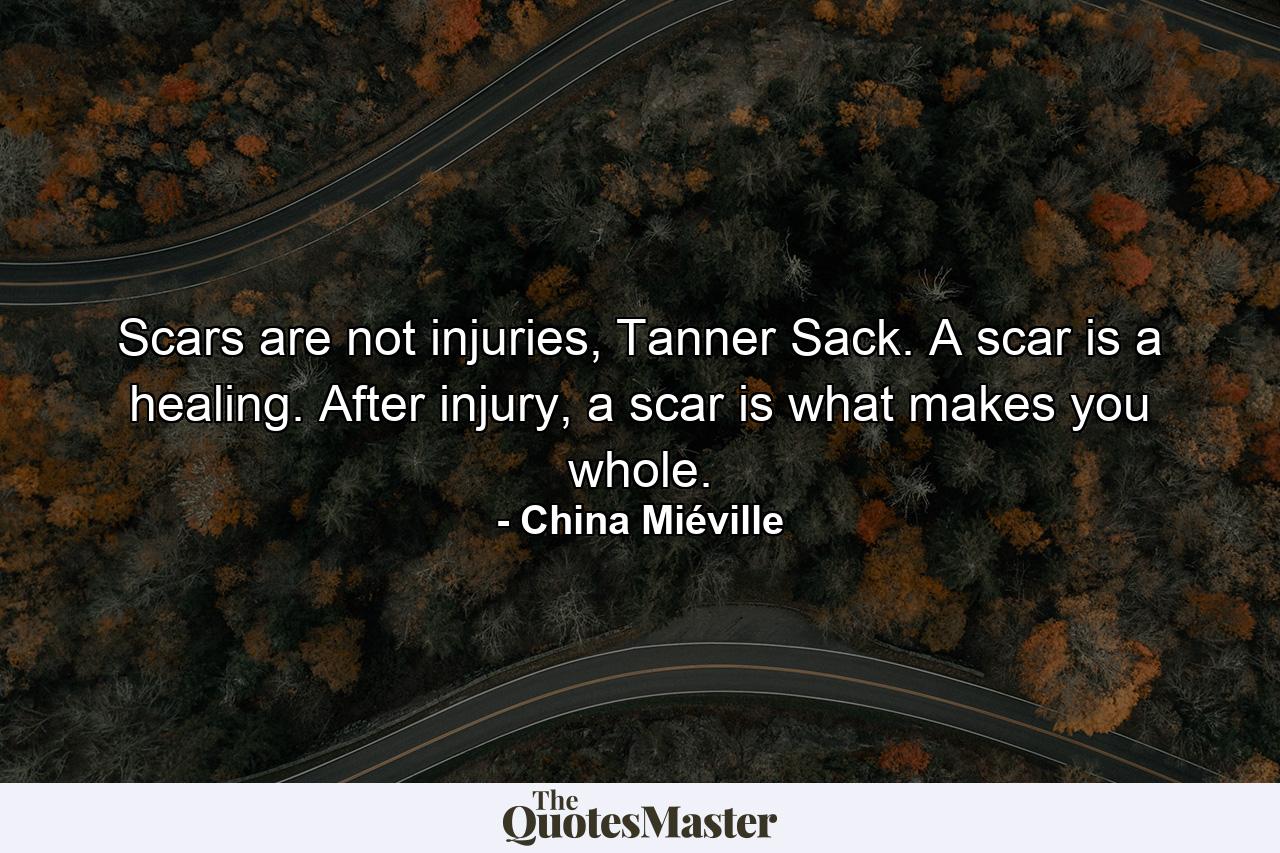 Scars are not injuries, Tanner Sack. A scar is a healing. After injury, a scar is what makes you whole. - Quote by China Miéville