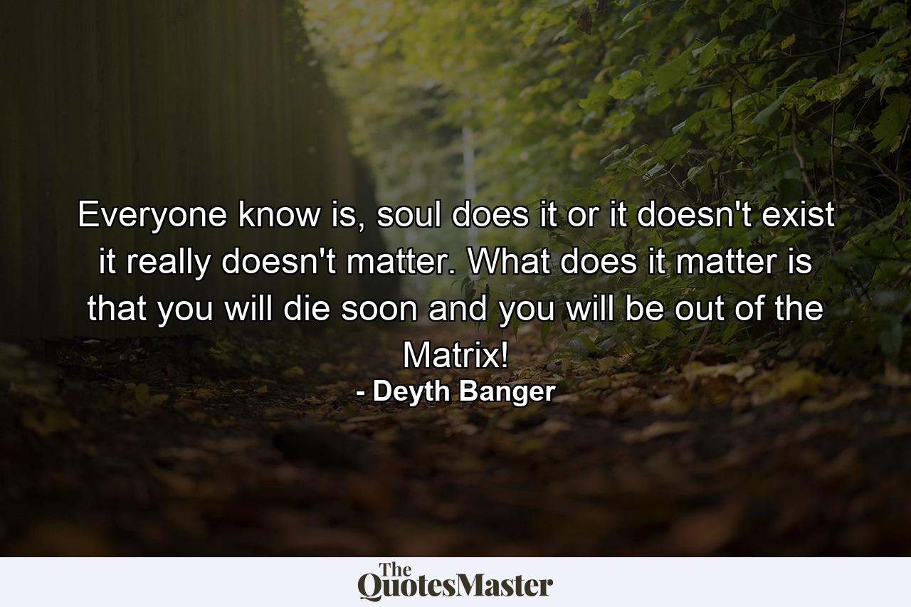 Everyone know is, soul does it or it doesn't exist it really doesn't matter. What does it matter is that you will die soon and you will be out of the Matrix! - Quote by Deyth Banger