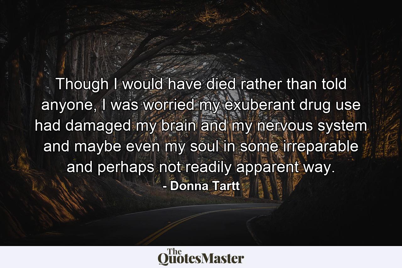 Though I would have died rather than told anyone, I was worried my exuberant drug use had damaged my brain and my nervous system and maybe even my soul in some irreparable and perhaps not readily apparent way. - Quote by Donna Tartt