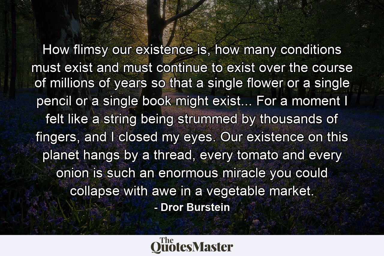 How flimsy our existence is, how many conditions must exist and must continue to exist over the course of millions of years so that a single flower or a single pencil or a single book might exist... For a moment I felt like a string being strummed by thousands of fingers, and I closed my eyes. Our existence on this planet hangs by a thread, every tomato and every onion is such an enormous miracle you could collapse with awe in a vegetable market. - Quote by Dror Burstein