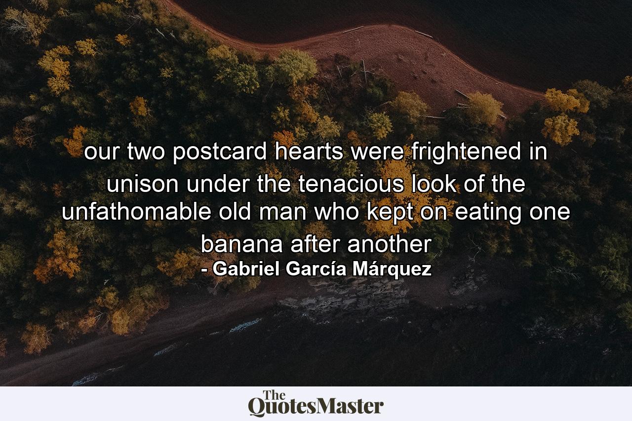 our two postcard hearts were frightened in unison under the tenacious look of the unfathomable old man who kept on eating one banana after another - Quote by Gabriel García Márquez