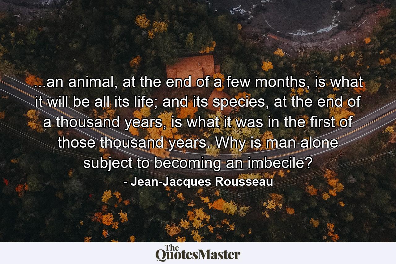 ...an animal, at the end of a few months, is what it will be all its life; and its species, at the end of a thousand years, is what it was in the first of those thousand years. Why is man alone subject to becoming an imbecile? - Quote by Jean-Jacques Rousseau