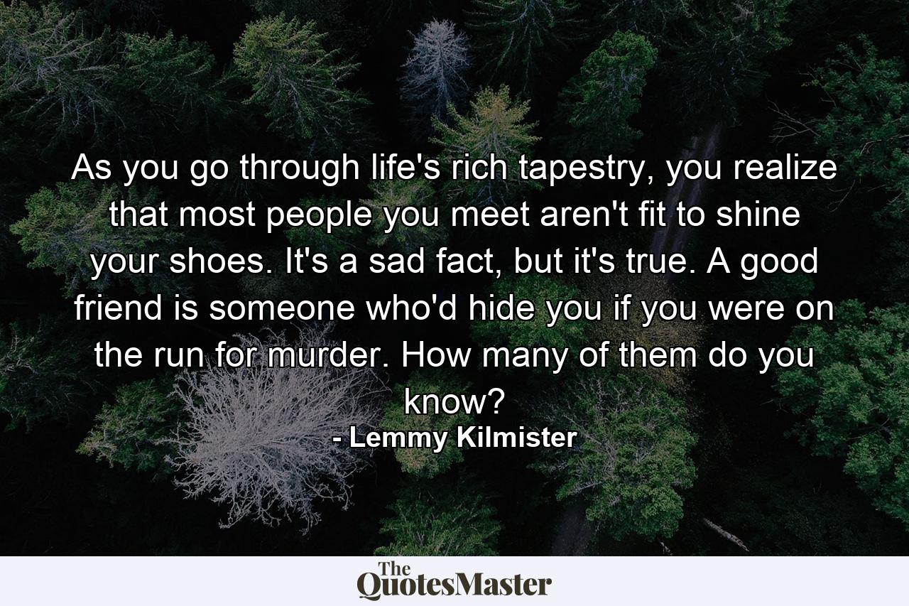 As you go through life's rich tapestry, you realize that most people you meet aren't fit to shine your shoes. It's a sad fact, but it's true. A good friend is someone who'd hide you if you were on the run for murder. How many of them do you know? - Quote by Lemmy Kilmister