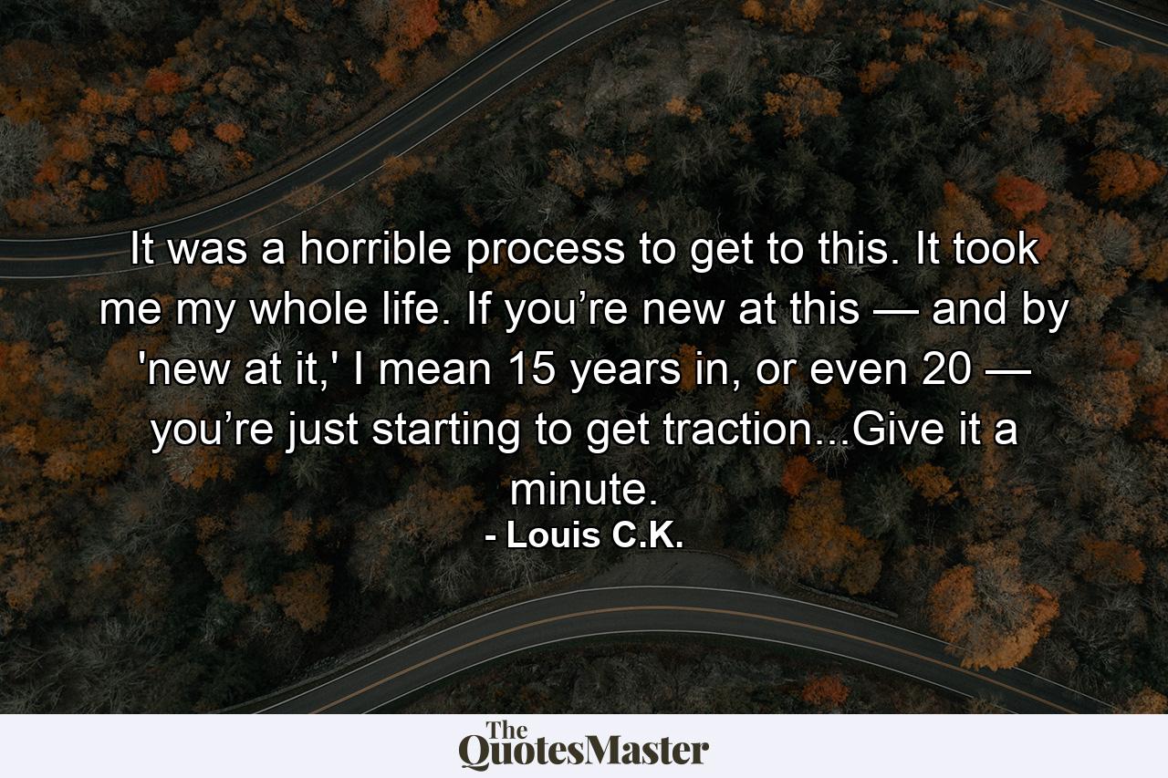 It was a horrible process to get to this. It took me my whole life. If you’re new at this — and by 'new at it,' I mean 15 years in, or even 20 — you’re just starting to get traction...Give it a minute. - Quote by Louis C.K.