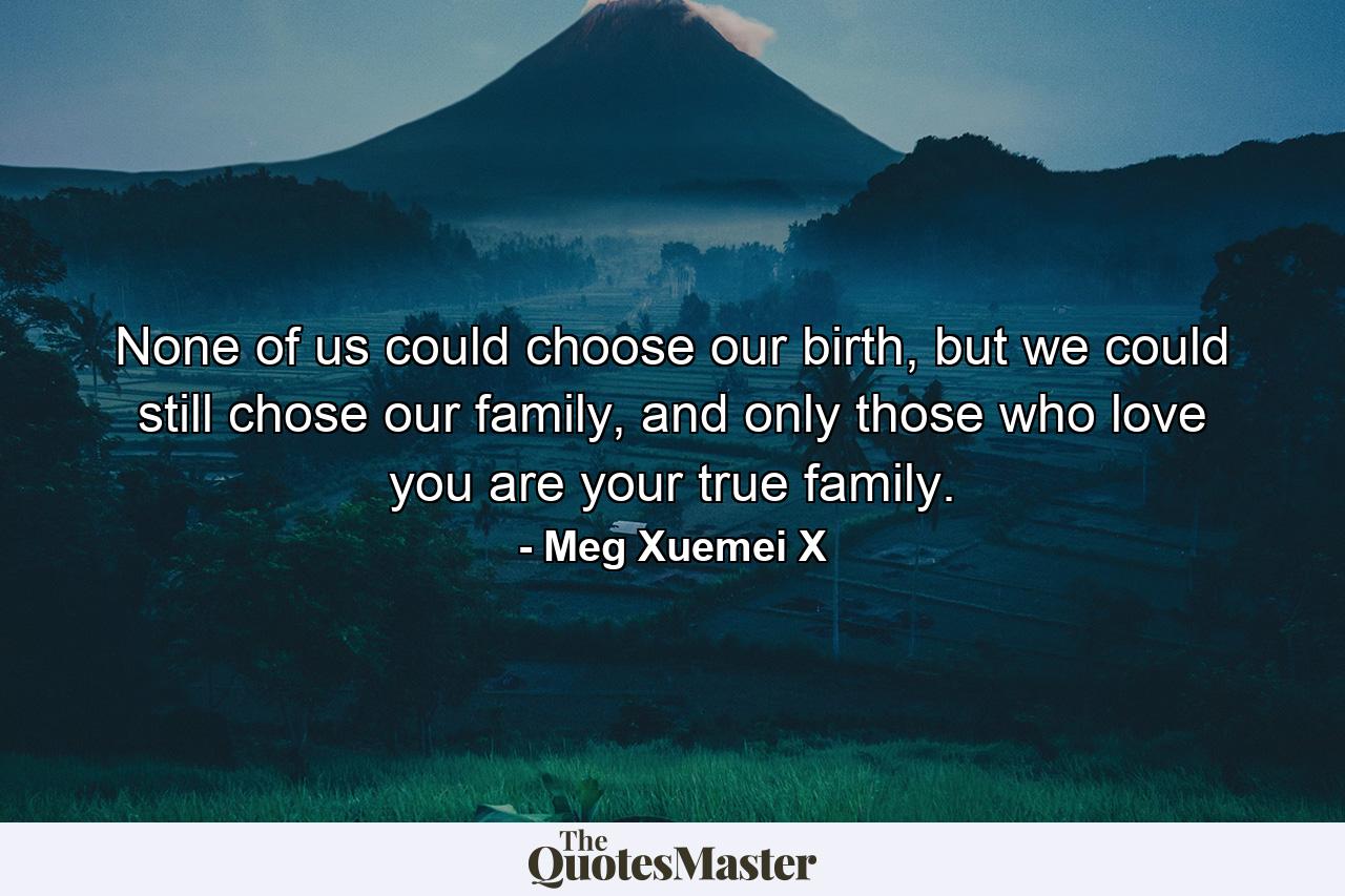 None of us could choose our birth, but we could still chose our family, and only those who love you are your true family. - Quote by Meg Xuemei X