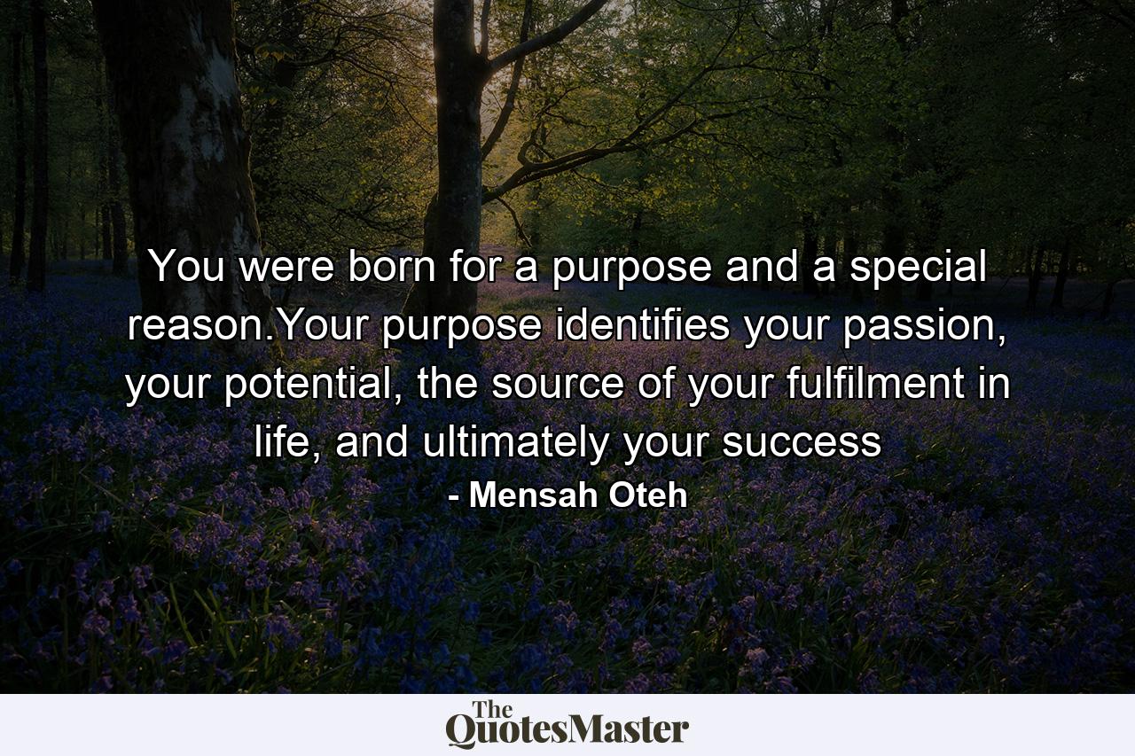 You were born for a purpose and a special reason.Your purpose identifies your passion, your potential, the source of your fulfilment in life, and ultimately your success - Quote by Mensah Oteh