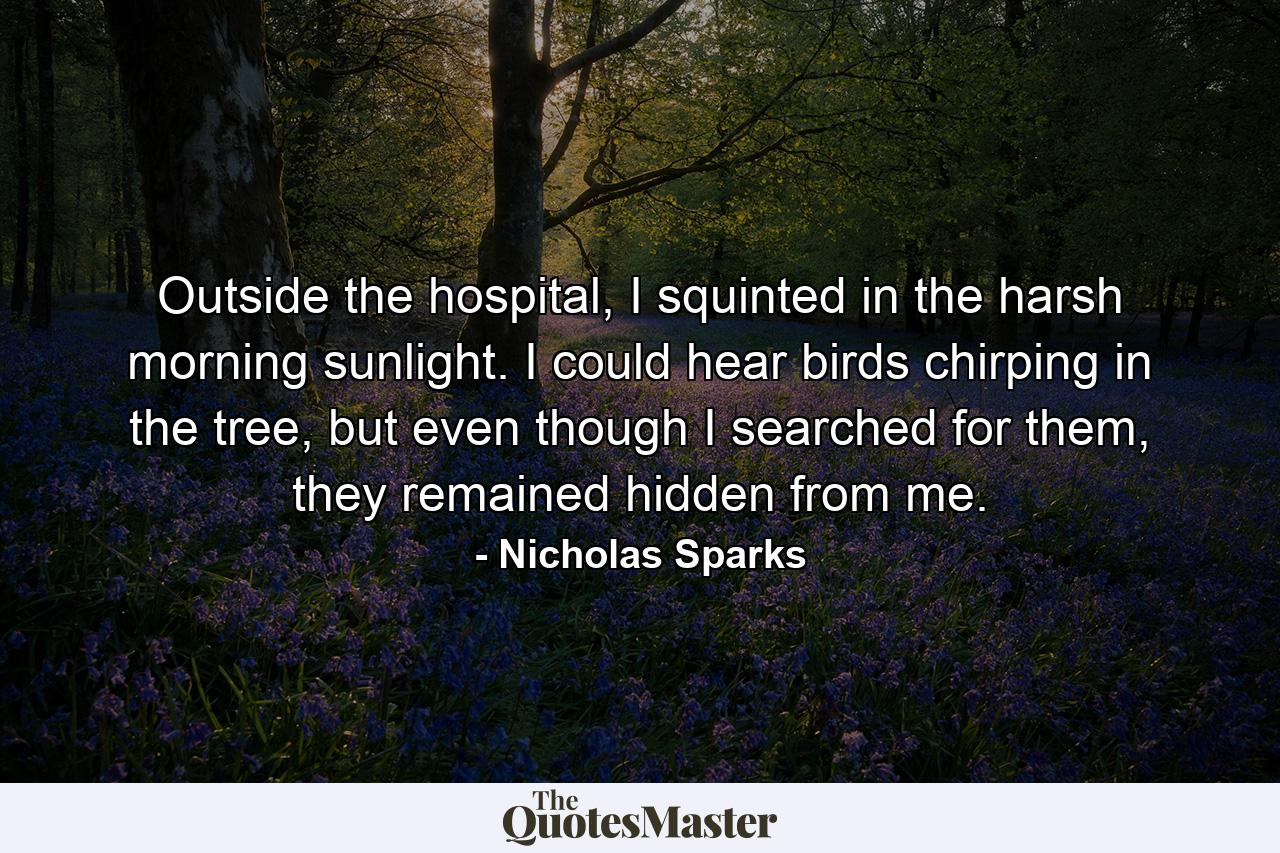 Outside the hospital, I squinted in the harsh morning sunlight. I could hear birds chirping in the tree, but even though I searched for them, they remained hidden from me. - Quote by Nicholas Sparks