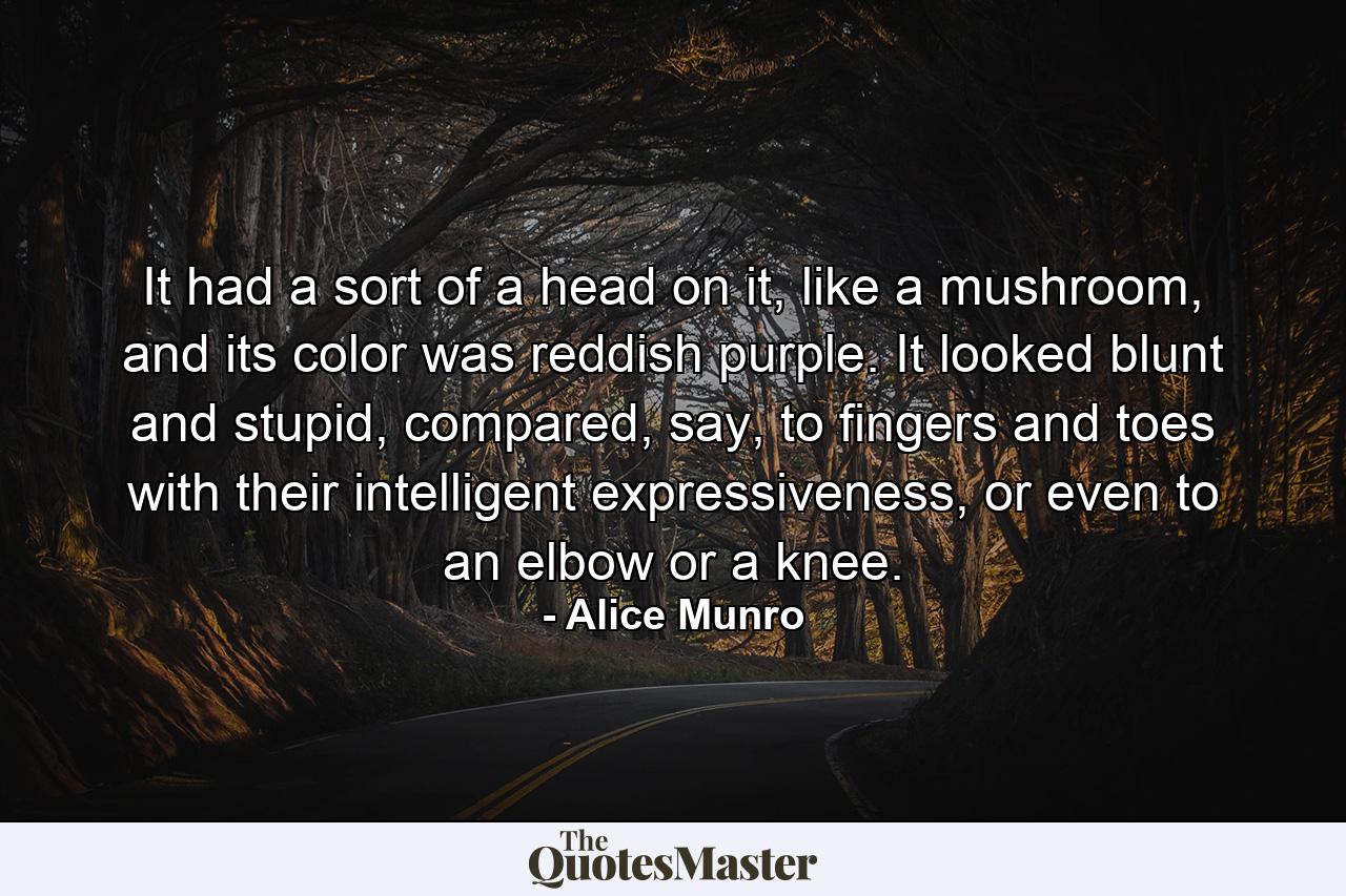 It had a sort of a head on it, like a mushroom, and its color was reddish purple. It looked blunt and stupid, compared, say, to fingers and toes with their intelligent expressiveness, or even to an elbow or a knee. - Quote by Alice Munro